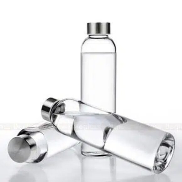 Set of 6 Glass Water Drinking Beverage Bottle Transparent Leakproof w/ Steel Lid - Picture 1 of 4